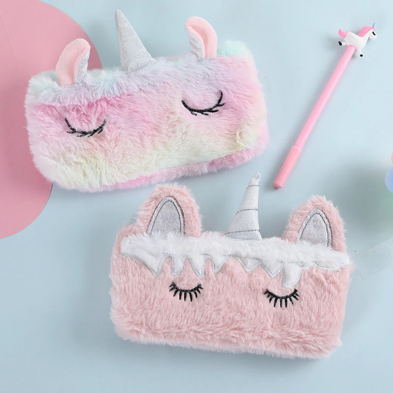 Flocking emulates fur unicorn custom school cute pencil case for girls