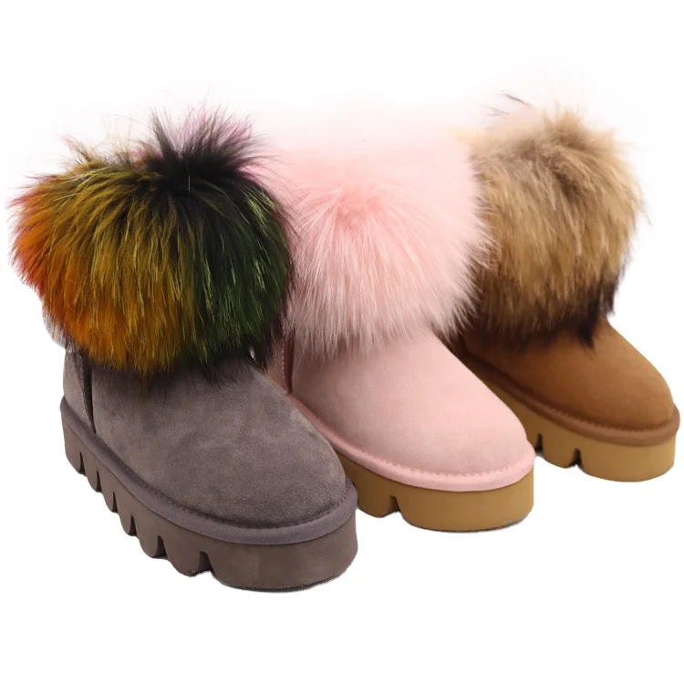 
CF-271 Free Samples Colored Racoon Fur Genuine Leather And Fake Fur Women Winter Ladies Boots 