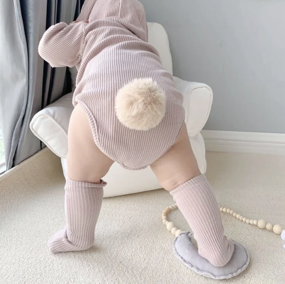 Easter Day Newborn Solid Knit Romper Socks Rabbit Hat 3 Piece One-Piece Suit Long Bunny Ear Ribbed Bodysuit