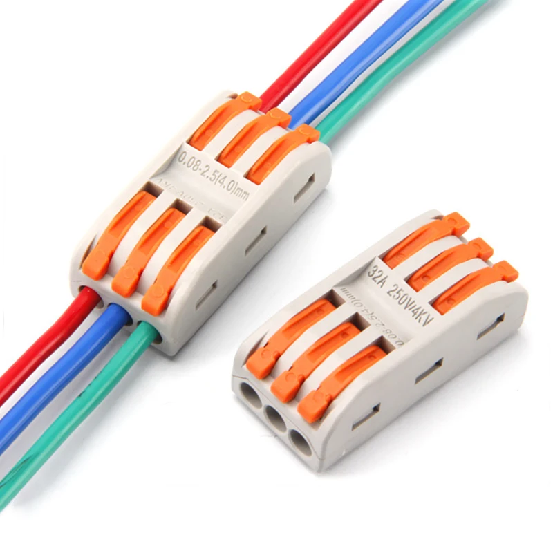222 series wire to wire connect feed-through terminal block 3 in 3 out 3 pin screwless press type electrical wiring connectors