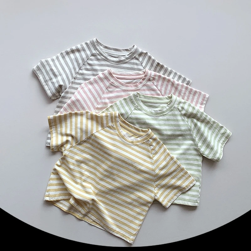 Summer Kids Clothing Macaron Color Children Short Sleeved Striped  New Boys Girls Linen Korean Casual Top Baby T-Shirt