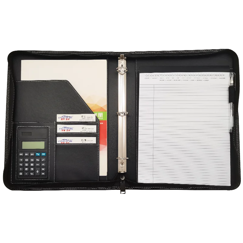 Modernqiu A4 Conference Document Portfolio 3 Ring Binder with Calculator File Folder PU Leather Modern Filing Products
