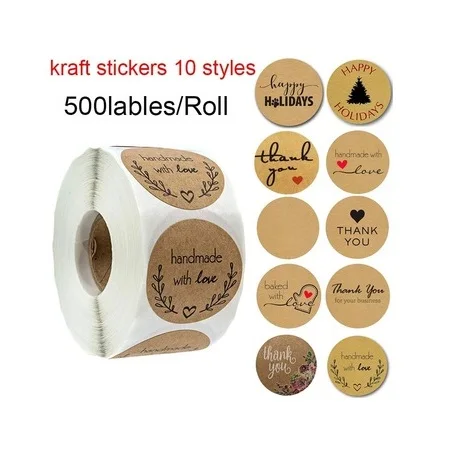 500pcs/roll Custom Gift Pack Kraft Paper Seal Thank You Stickers Round Self Adhesive Label Thank You Sticker