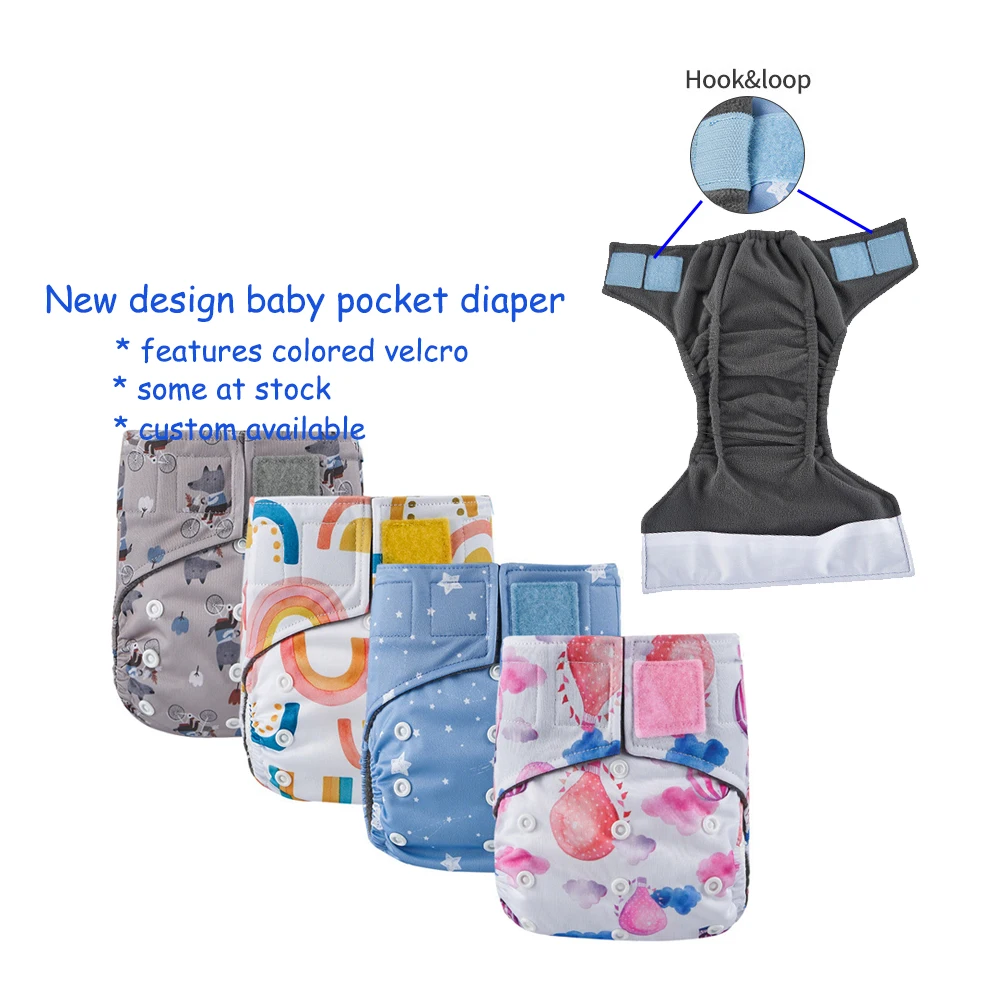 Washable cloth pocket diaper with colored hook loop closure reusable baby diaper with bamboo charcoal lining leg gussets