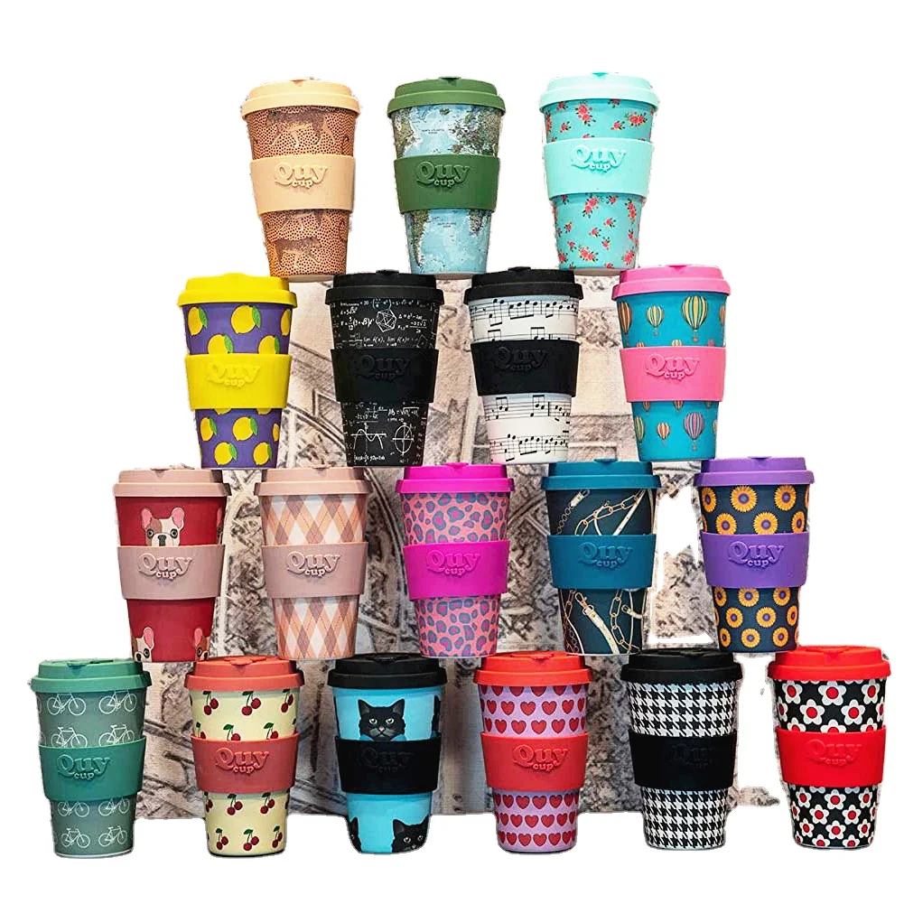 Custom set de tazas de cafe ecological natural mug biodegradable reusable coffee travel mug cup bamboo fiber with lids logo
