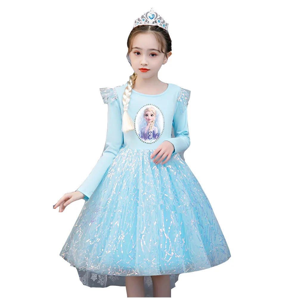 Autumn Children Dresses Kids Long Sleeve Tulle Puffy Dress Girl Halloween Party Cosplay Costume Cartoon Elsa Princess Dress