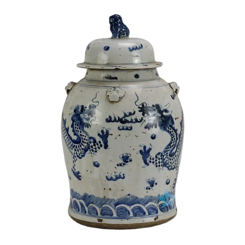 RZEY1218E-L-S Antique hand painted blue and white dragon pattern porcelain temple jar for home decoration