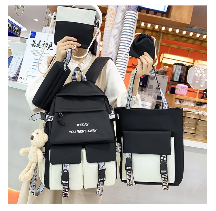 5pc/set Korean School Backpack for Teenager Girls Multi Pocket Students Schoolbag Canvas Women Shoulder Book Bag Laptop Rucksack