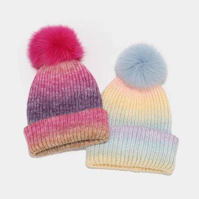 Manufacturers Custom Jacquard Knit Mohair Winter Pom Beanie Hat with Faux Pompom for Women