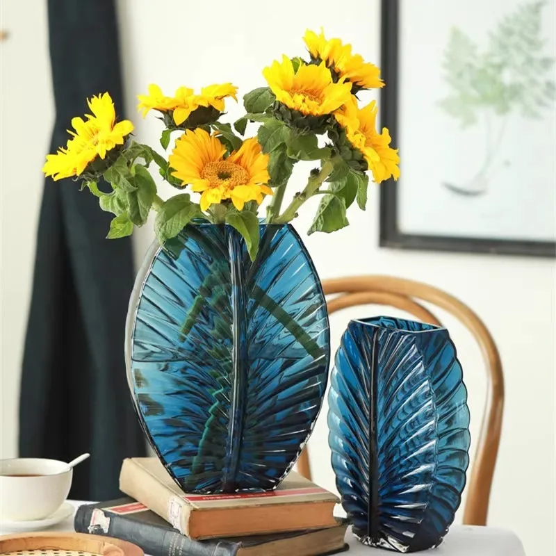 Modern Simple Creative blue Leaf Pattern Glass Vase Wedding decoration for Flower Arrangement Party table decoration