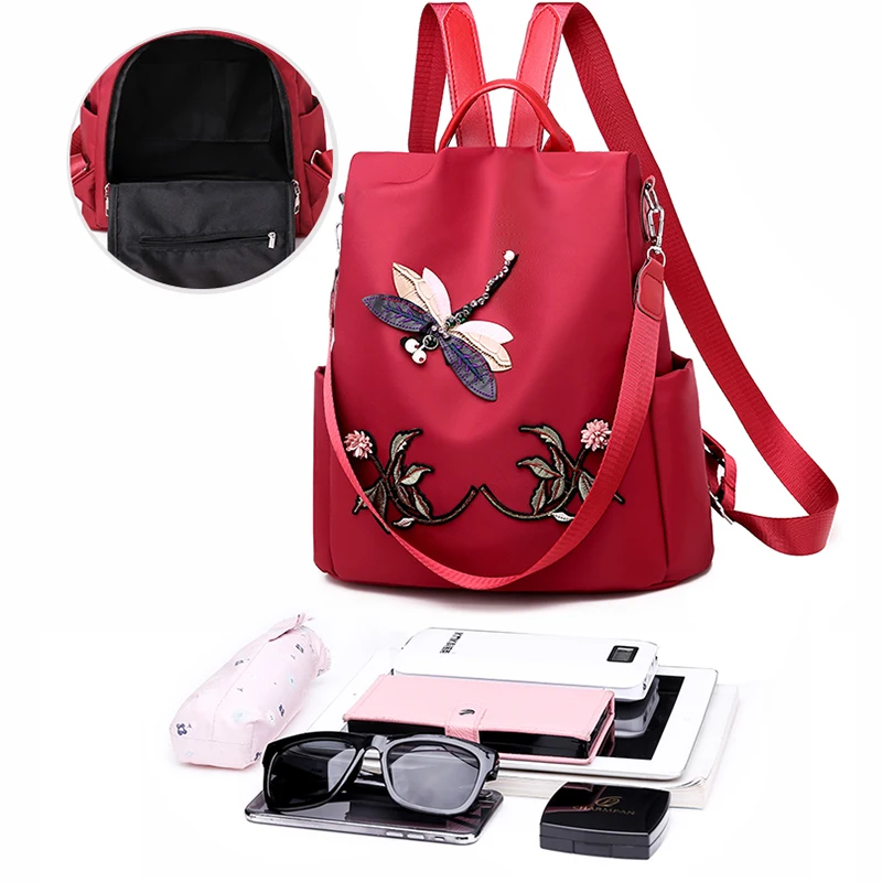 Fashion Chinese Style 3D Dragonfly Embroidery Large Capacity Waterproof Anti-theft Shoulder Bag Casual Travel Women bag Backpack