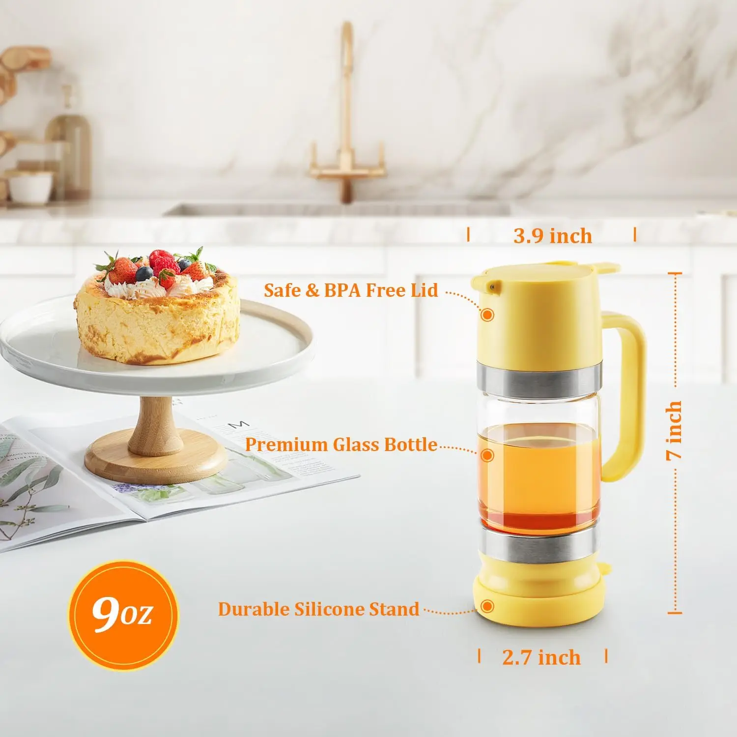 Glass Honey Dispenser Pot No Drip 9 OZ Honey Jar with Handle Syrup Dispenser for Coffee or Tea Ideal for Honey and Syrup Yellow