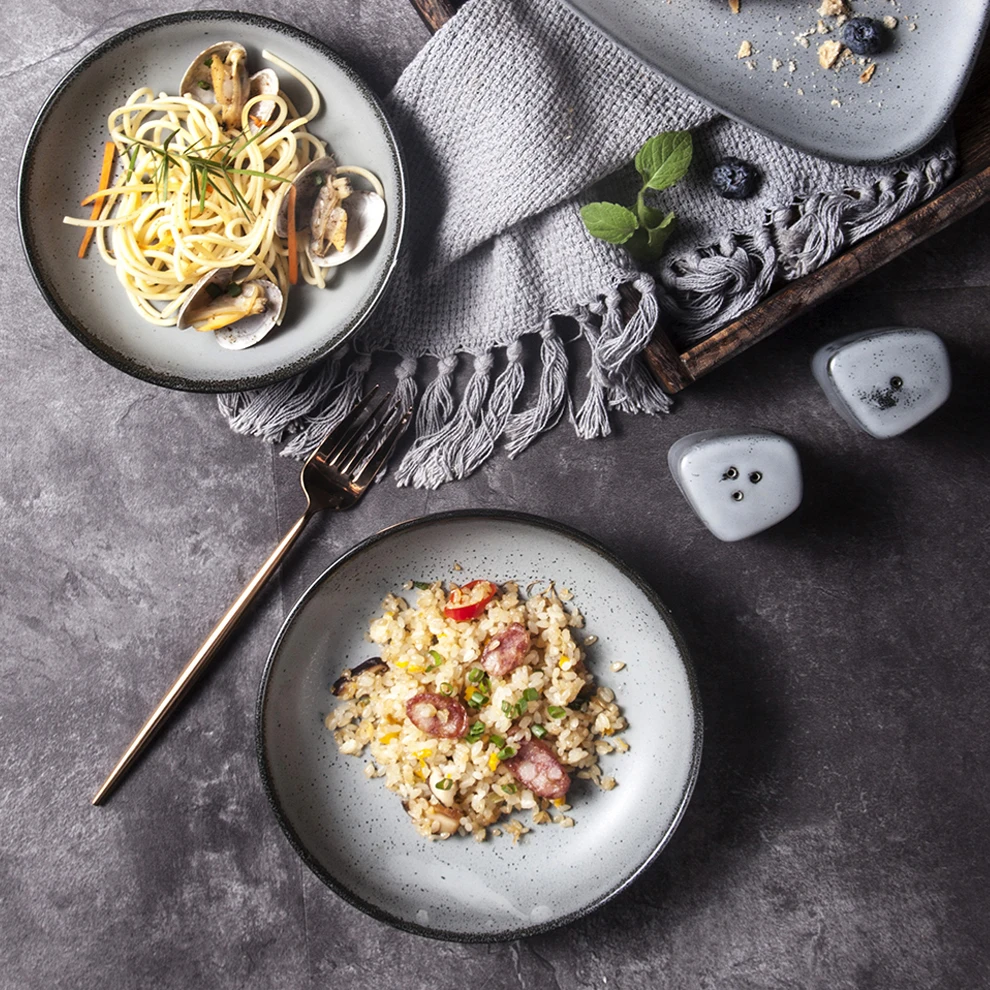 ShengJing Japanese Korean Rustic Light Grey Speckled Porcelain Household Restaurant Pasta Salad Dinnerware Deep Plate