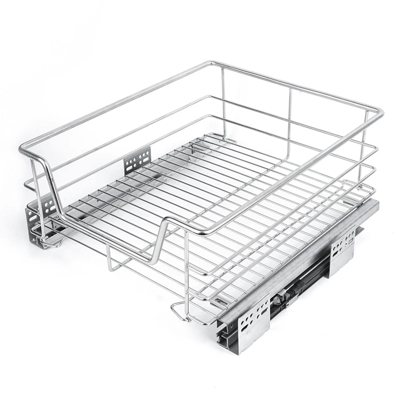 Kitchen Organizer Cabinet Pull Out Drawer Stainless Steel Storage Rack Systems Chrome Drawer Wire Basket