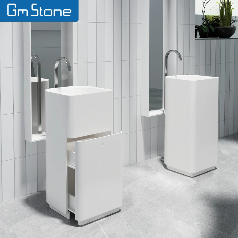 Newly Designed Italian White Marble Freestanding Wash Rectangular Pedestal Solid Surface Ceramic Sink Hotels Artificial Stone