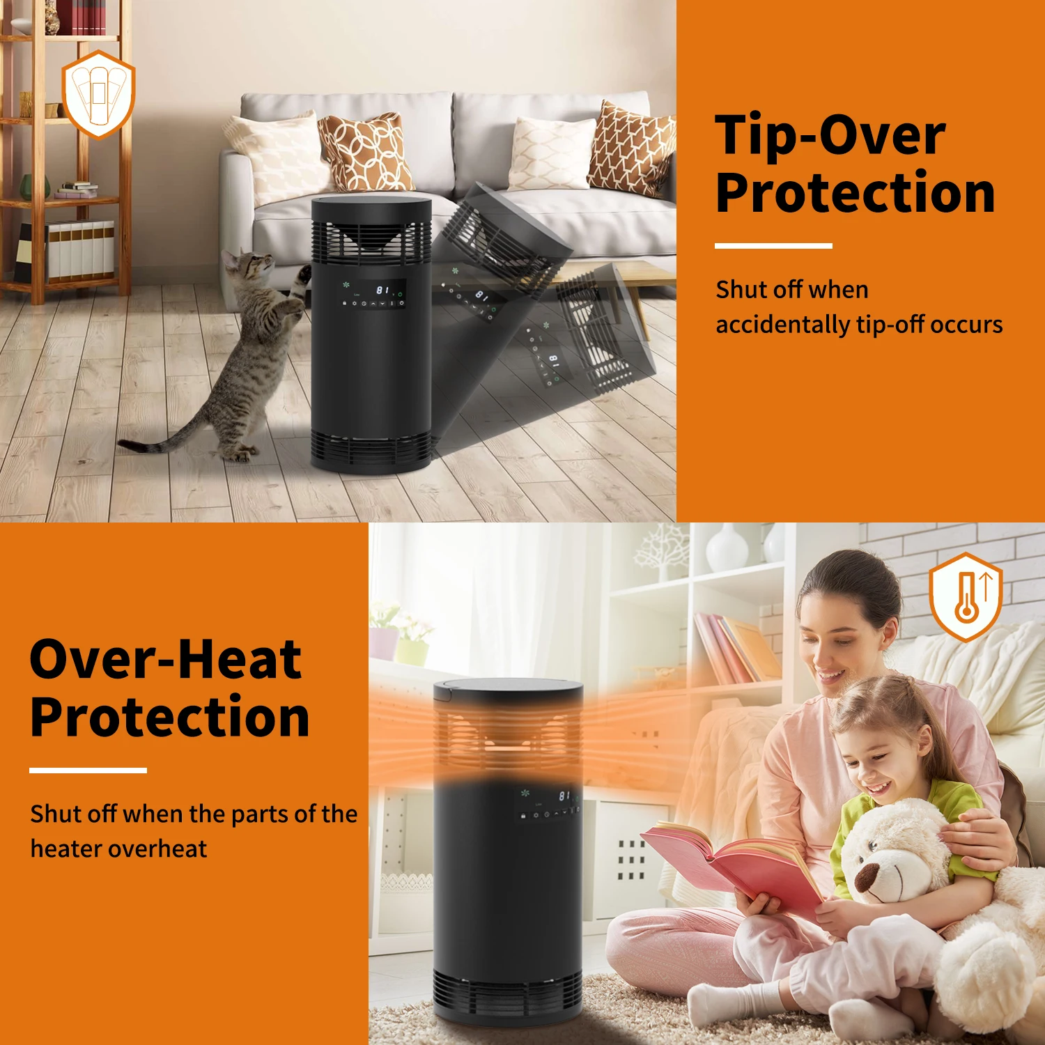 Auto Thermostat 1000W/1500W ECO Bedroom Living Room Ceramic Heating Element Space Electric Cabinet Tower Heater with Handle
