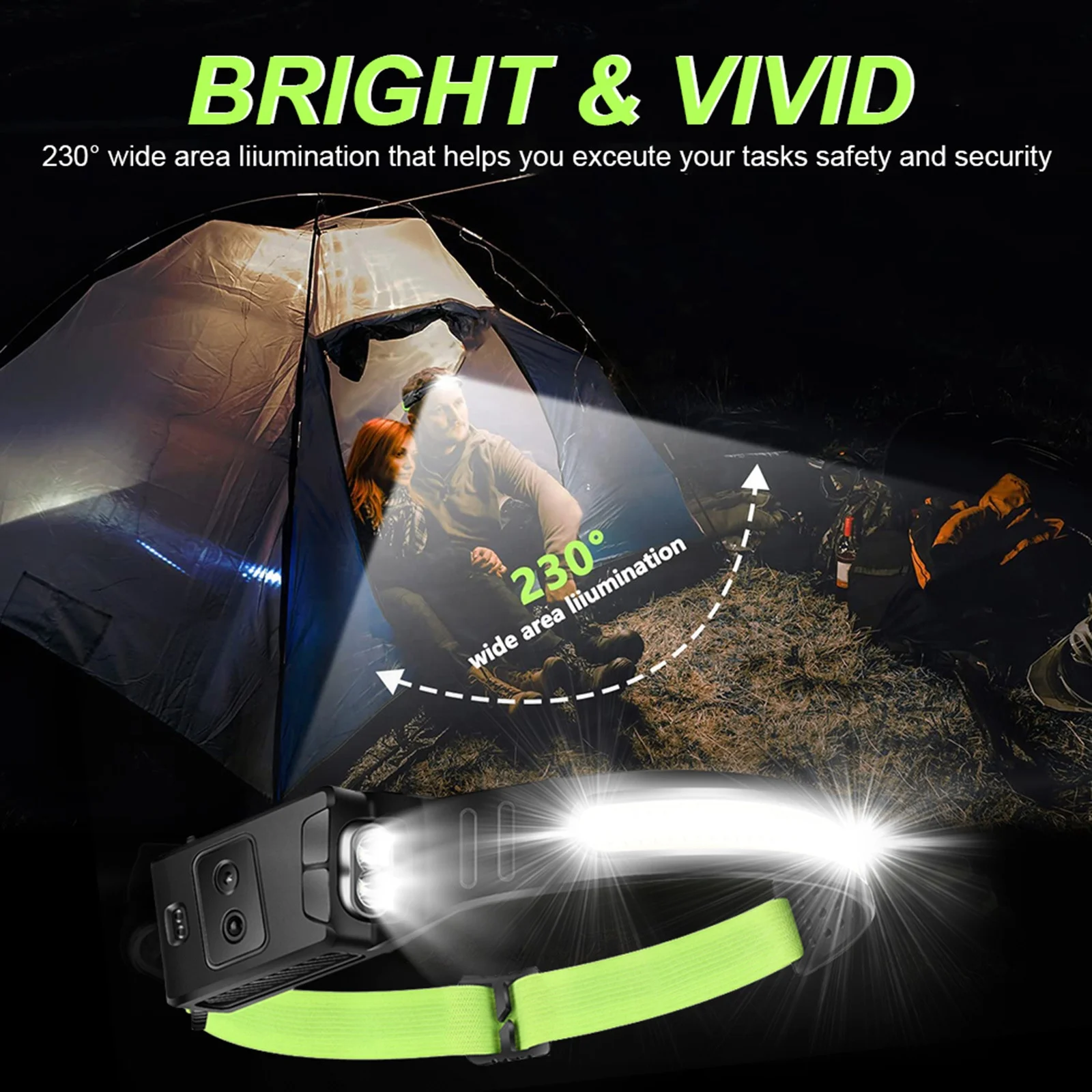 Rechargeable Super Bright LED Head Light Motion Sensor Headlamp Flashlight 2 COB 5 Modes Lightweight light for fishing