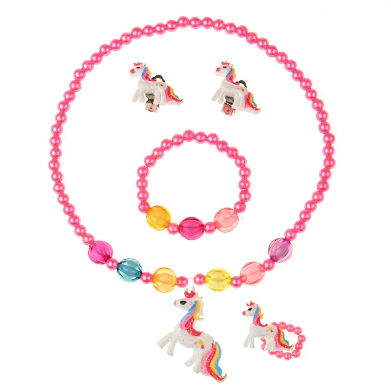 4 pcs Unicorn Children Jewelry Set Women Cute Simulated Pearl Acrylic Necklace Ear Clip Ring Elastic Bracelet Kids Jewelry
