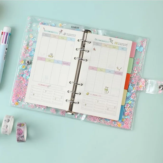 Journal Diary Notebooks School Office Supply Kawaii Notebook Oil Quicksand PVC Cover Notebook Glitter Sequins A6 for Students