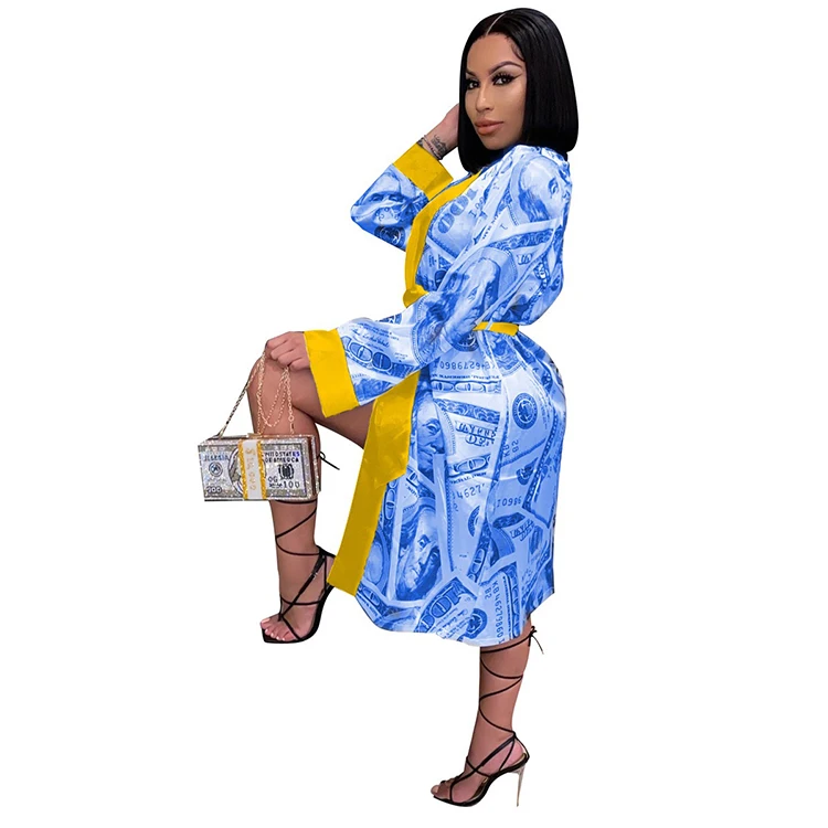 
OEM High quality sleep wear one piece robe nightgown female summer long-sleeved morning dollars printing bath Robe 