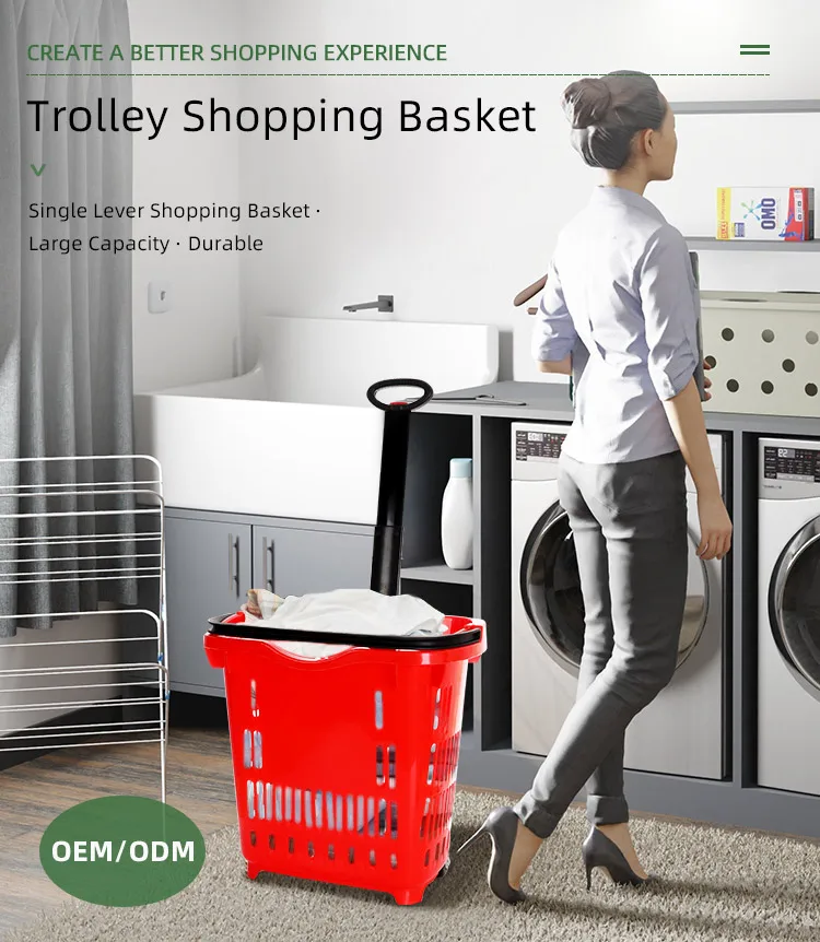 Large Capacity Supermarket Round Rolling Plastic Shopping Basket with Wheels