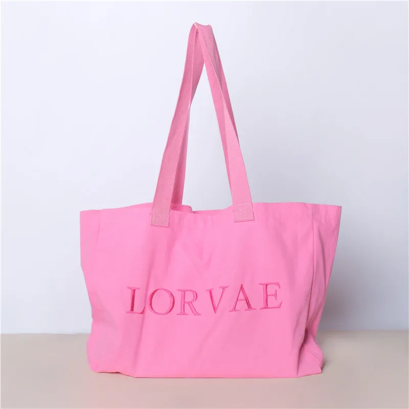 Pink Large Tote Bag Custom Logo Canvas Oversized Shopping Bag with Webbing Handle embroidery logo