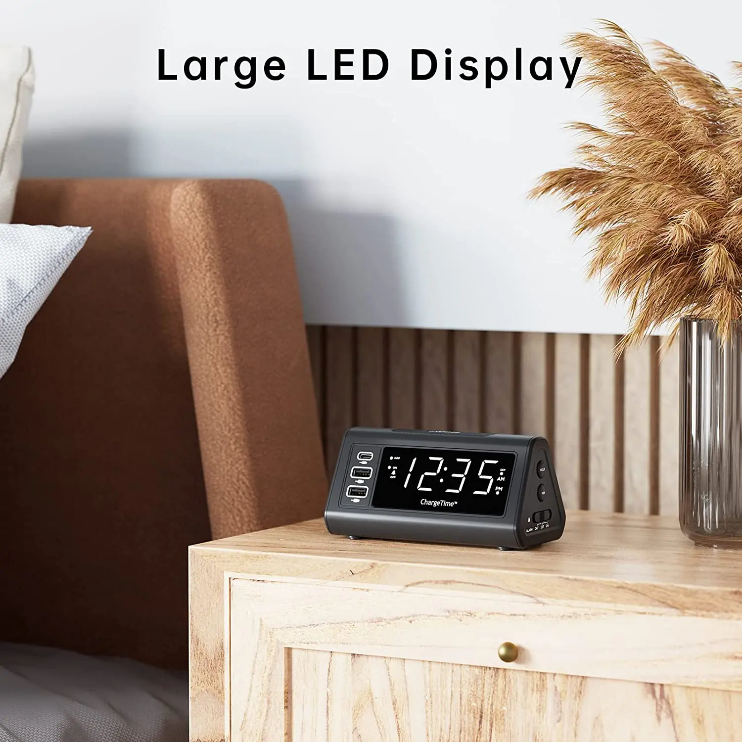 Teleadapt LCD Display Alarm Clock with 3 USB Charging Ports for iPhone iPad Android Devices Loud Digital Alarm Clock