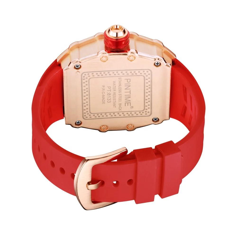 Pintime Luxury Unique Designers Wristwatches Silicone Band Tonneau Skeleton Sports Quartz Watches Men Wrist