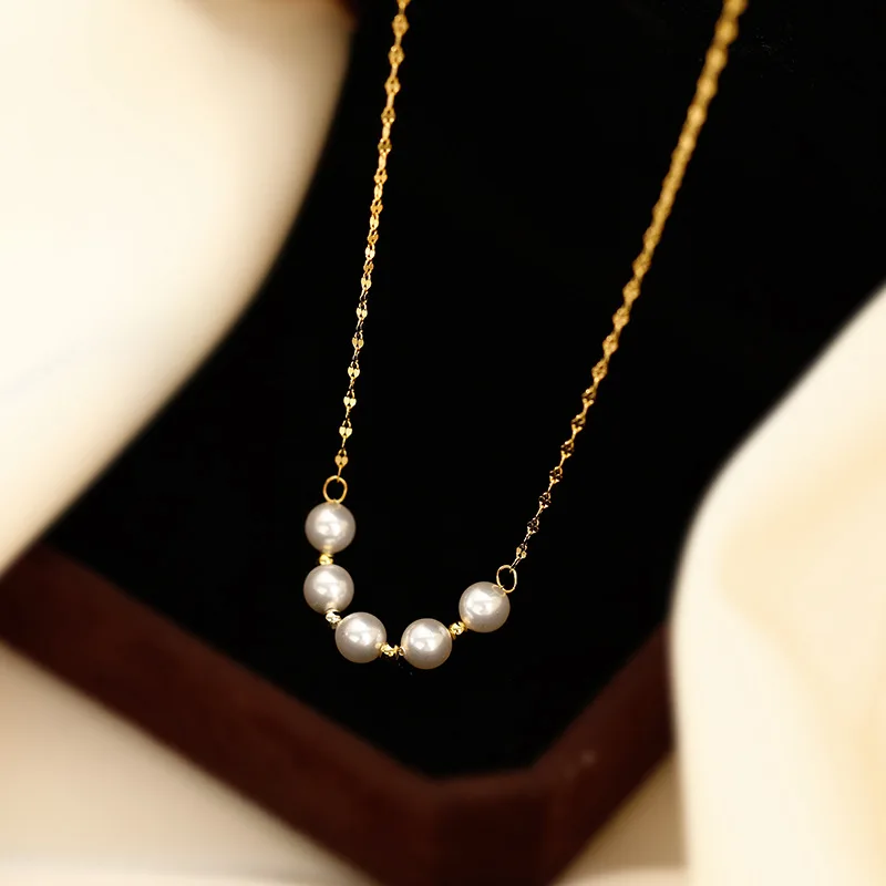 18K Gold Plated Chain Beads Pearls Necklace Dainty Pearl Pendant Necklaces for Girls Women Gifts