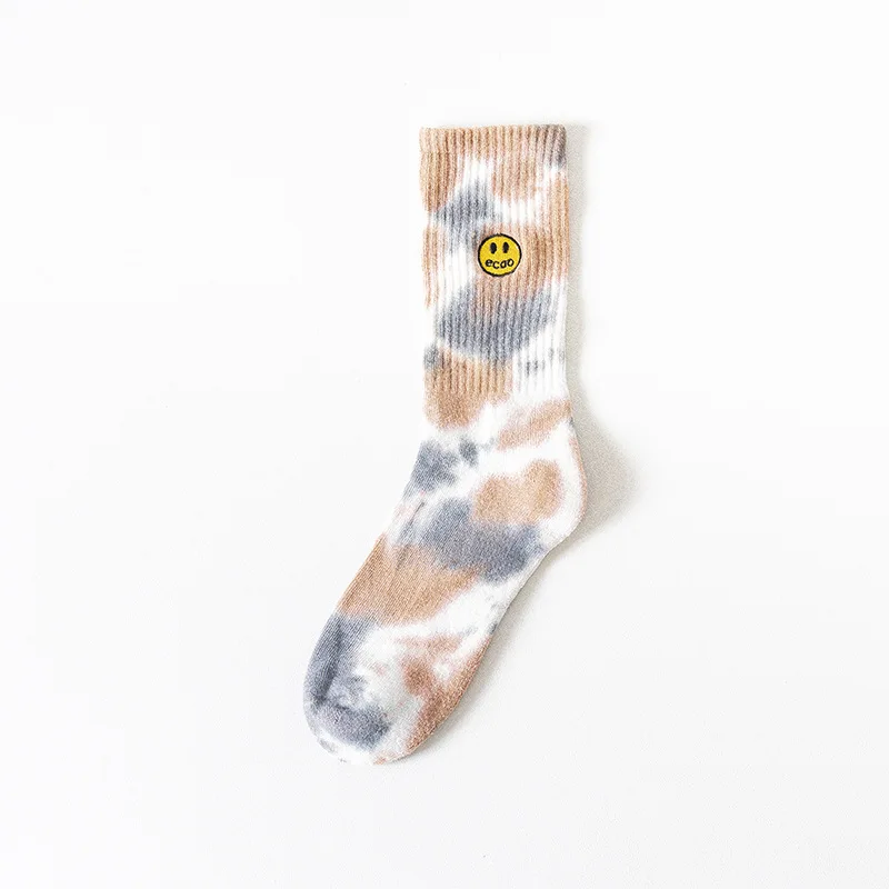 Fashion Brand Paint-splashing Nk Style Trendy Unisex Slouch Tie Dye Sox Happy Face Custom Embroidered Mid-length Tye Dye Socks