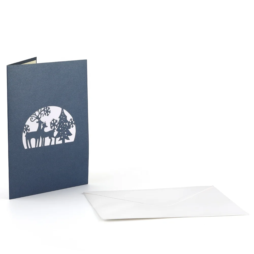 Wholesale Laser Cut Luxury Elk Holiday Merry Christmas Pop-up Pop Up Greeting Cards with Envelopes