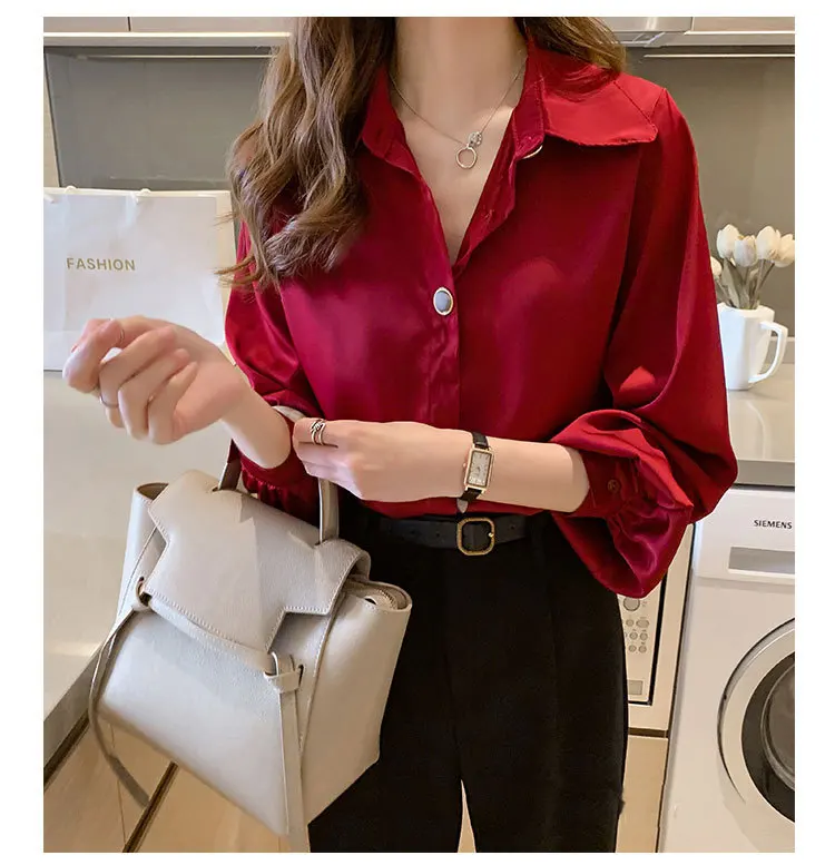 New Spring Autumn Women Fashion  Satin Blouse Vintage Femme Oversized Street Shirts Elegant Silk