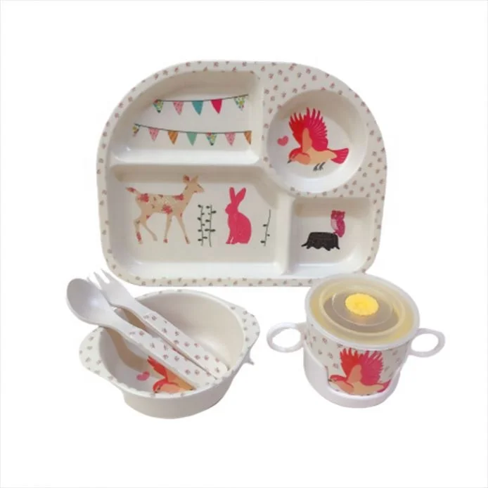 rectangle gray  cloud 4 divided bamboo fiber kid dinner ware set with cups