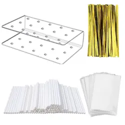 Lollipop Holder Cake Pop Stand Display with Clear Treat Bags Lollipop Sticks Gold Metallic Twist Ties for Candy Cake Pop Making