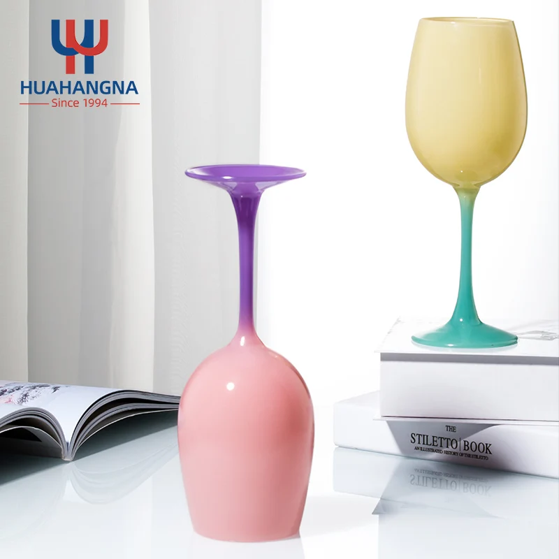 HUAHANG 450ml Hand Blown Unique Design Custom Goblet Crystal Colored Wine Glasses For Wedding Party