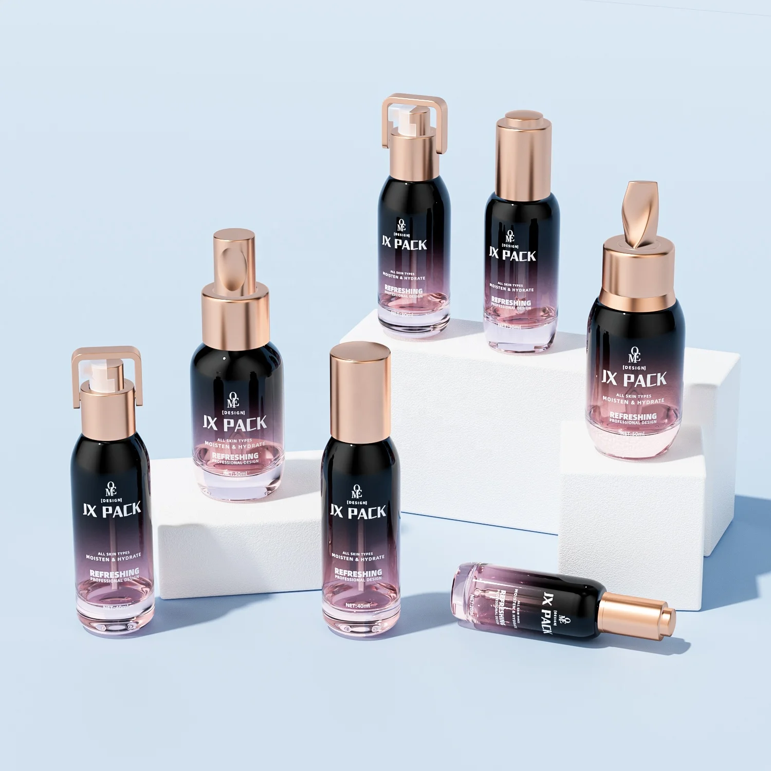 Luxury empty pink cosmetics bottle set packaging glass skin care bottle lotion serum private label packaging set 20 30 40 50ml