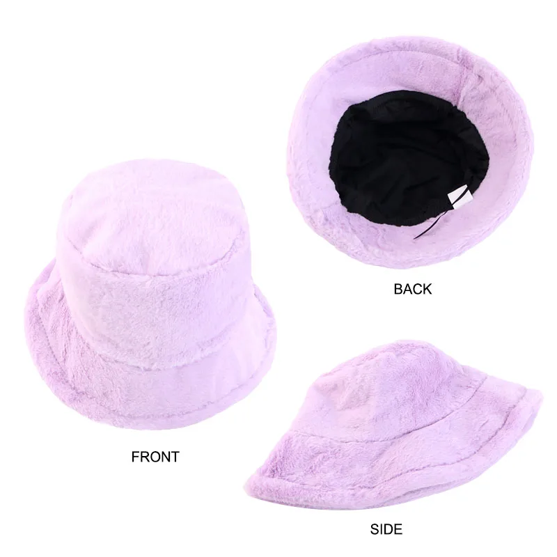 winter warm thick women solid color custom logo fishing cap plush fuzzy furry fluffy Faux Fur Bucket Hat