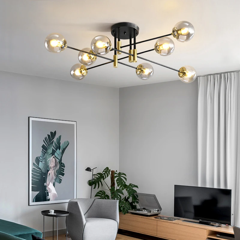 Modern Nordic Bedroom Living Room Dining Room Lamps Indoor Light E27 Black Gold Glass Ball Brass LED Chandelier Ceiling Light