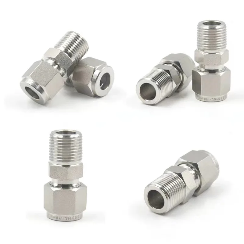 Instrument compression pipe fittings 316L stainless steel   Swagelok type double Ferrule adapter NPT external thread