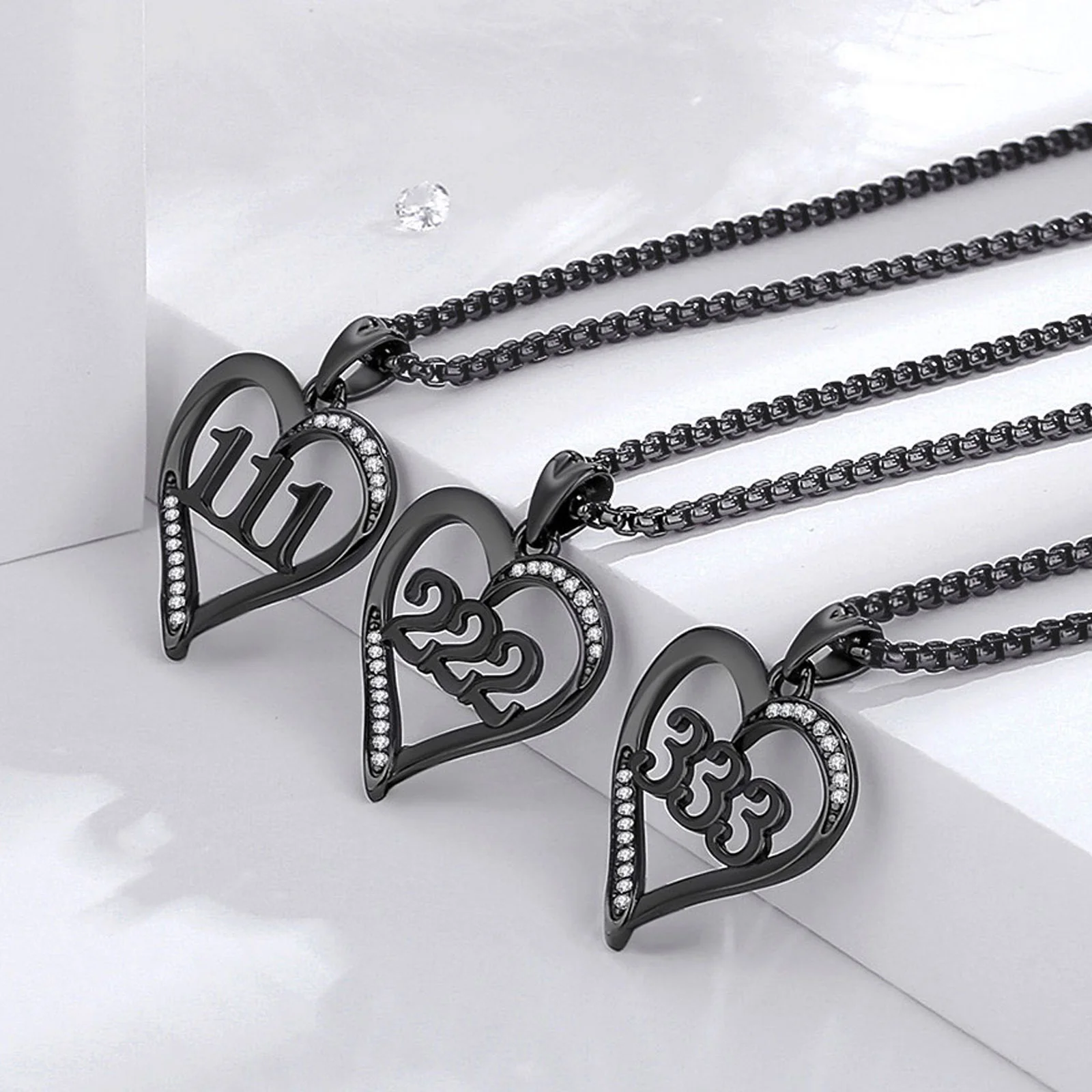 Merryshine Black Iron 925 Sterling Silver 111-999 444 Angel Numbers Heart Necklaces for Women