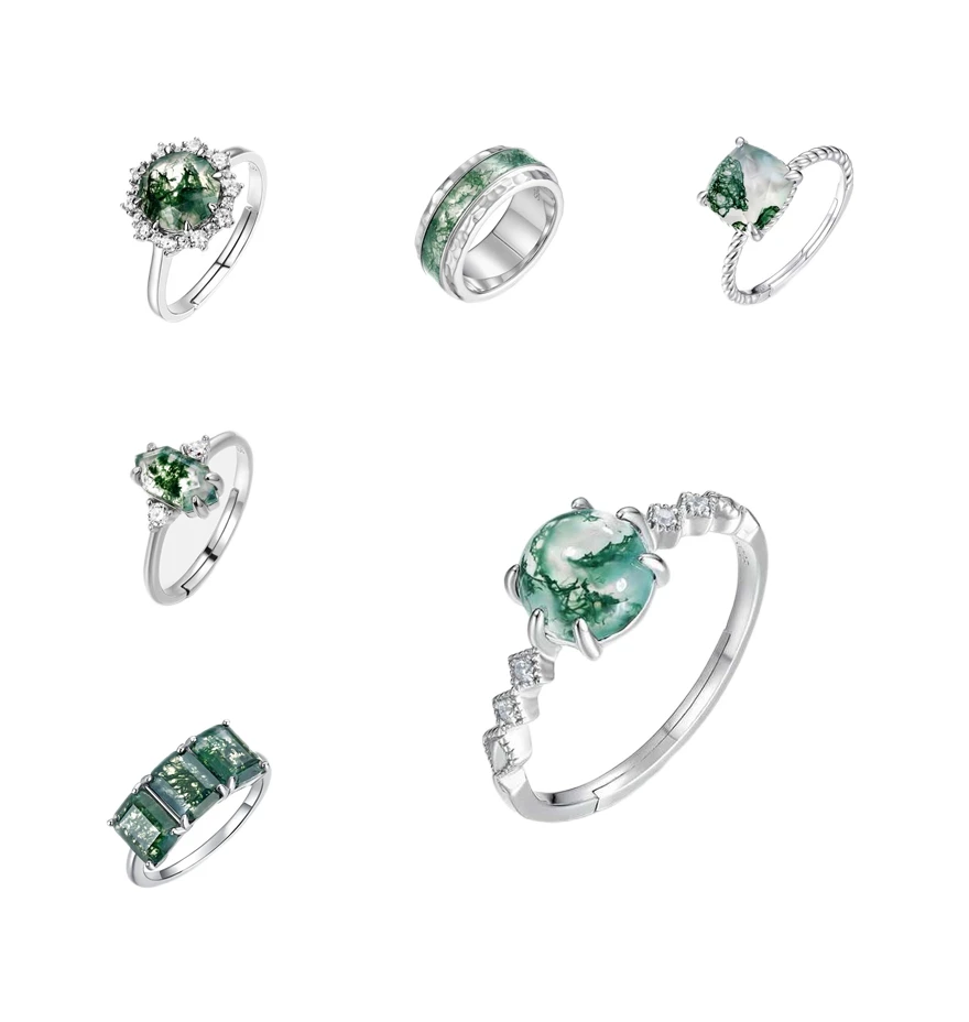 Antique Style Collection Birthday Gift Gemstone 925 Silver Jewelry Rings Synthetic Opal Real Green Moss Agate Ring Jewelry