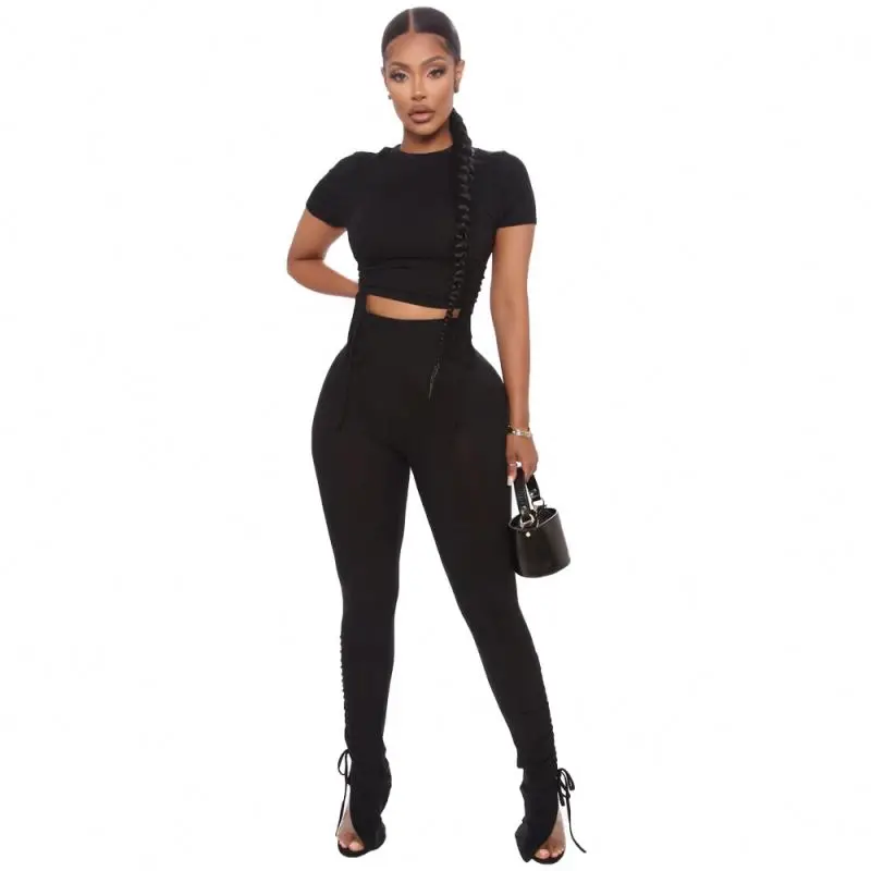 Summer 2022 Custom Logo Clothing Sets Pleated Lace-Up Crop Tops Jogger Set For Women Two Piece Pants Sets