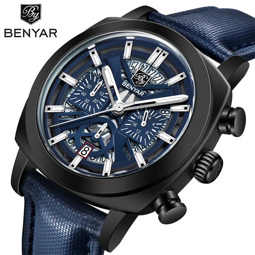 Benyar Luxury Chinese Luminous Chronograph Watch 5205 PC Case Alloy Leather Strap Buckle Clasp High Quality Quartz New Design