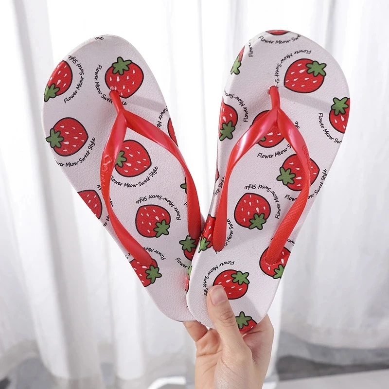 Customized ins summer beach women slippers cartoon fruit flip flops girls pink soft fancy shoes