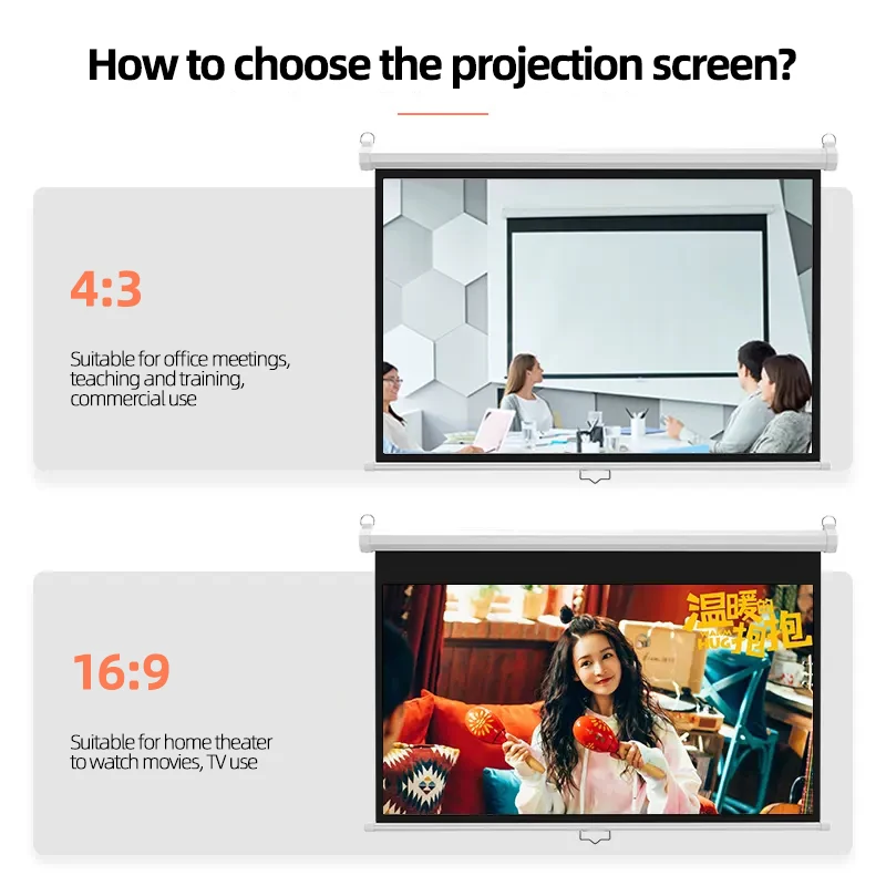 Manual Pull Down Projector Screen 72' Roll-Down Pull-Down Retractable 4:3 Manual Projection Screen Auto-Locking Black Border