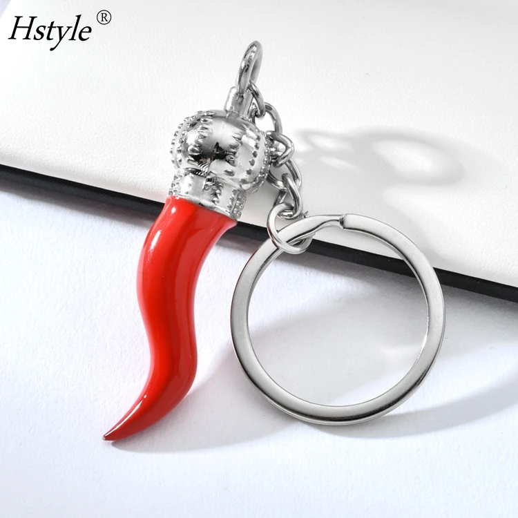 Red Horn with Silver Chain Keychain - Key Rings & Fobs Chili Pepper Charm for Rear View Mirror Handbag Pendant Decoration HS1595