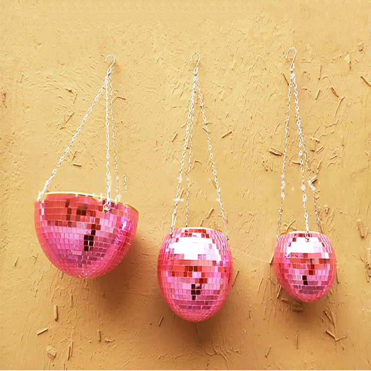Disco Ball Planter,ball shape hanging flower pots Basket with Metal Macrame Rope Hanging Drainage