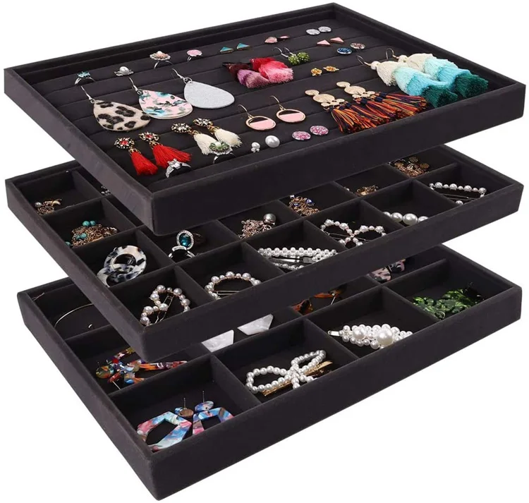 Stackable Velvet Jewelry Tray Organizer Jewellery Storage Display Trays All Velvet for Drawer Earring Necklace Bracelet Ring Set