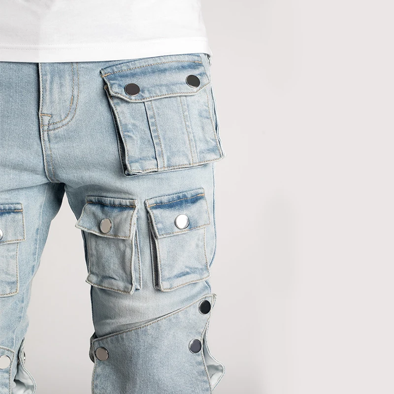 DIZNEW Bulk wholesale clothes man straight leg denim jeans multi pocket collage pleats jean for men