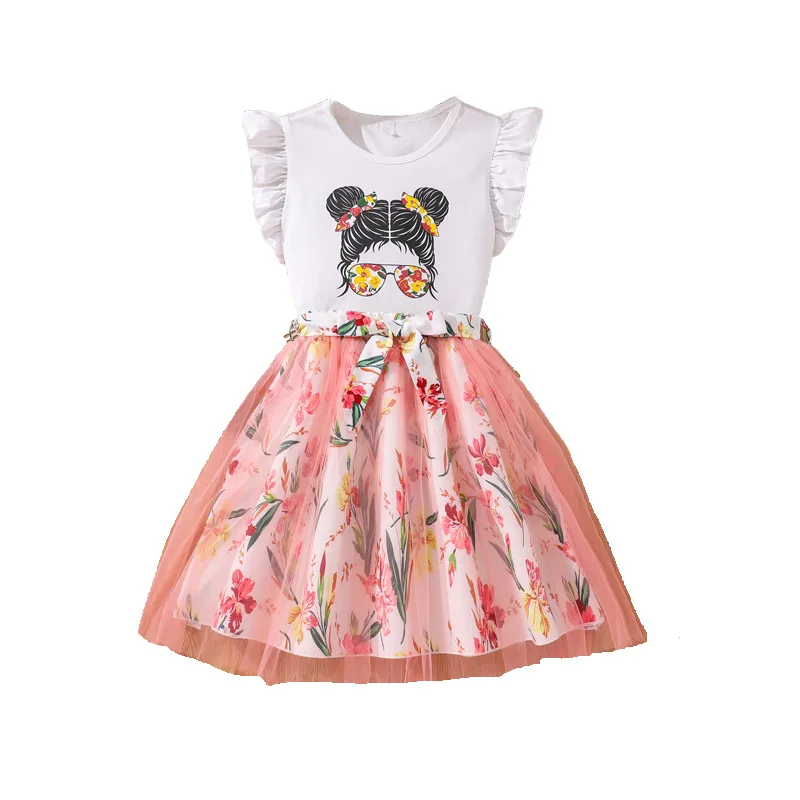 Factory Direct Sales Cute Girls Clothing Sets Carton Printed Fly Sleeve T-shirt Tutu Skirts Princess Dresses